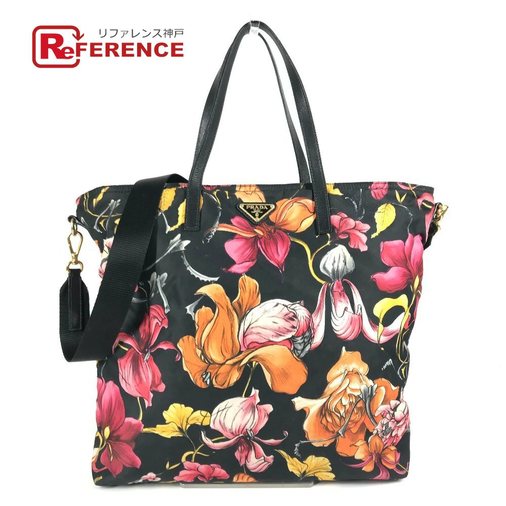 PRADA Floral Flower Flower Triangle Plate Bag Handbag Shoulder Tote Black
